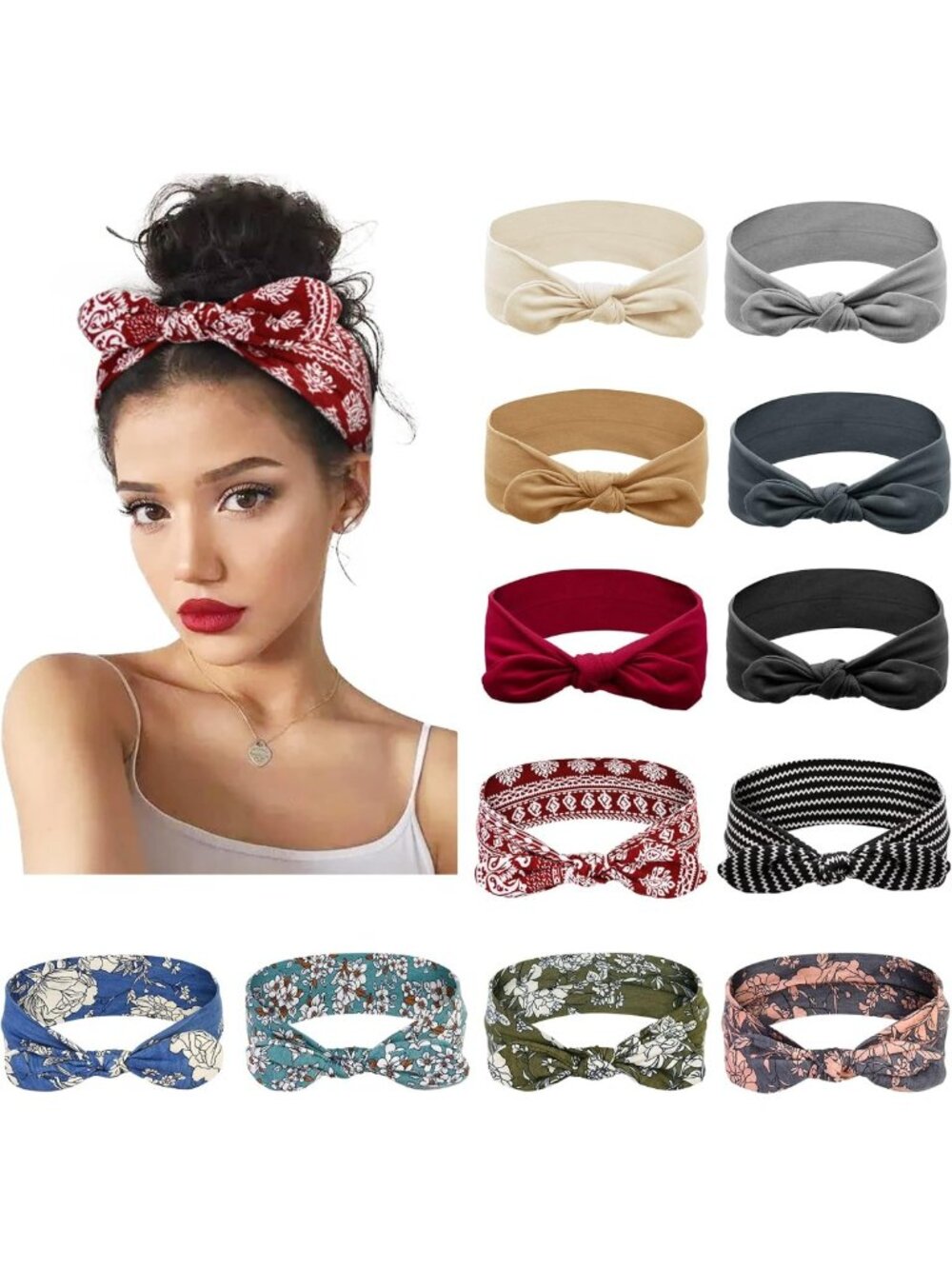 12 Pack Cute Bow Headbands for Women - Elastic Hair Bands, Knotted Turban